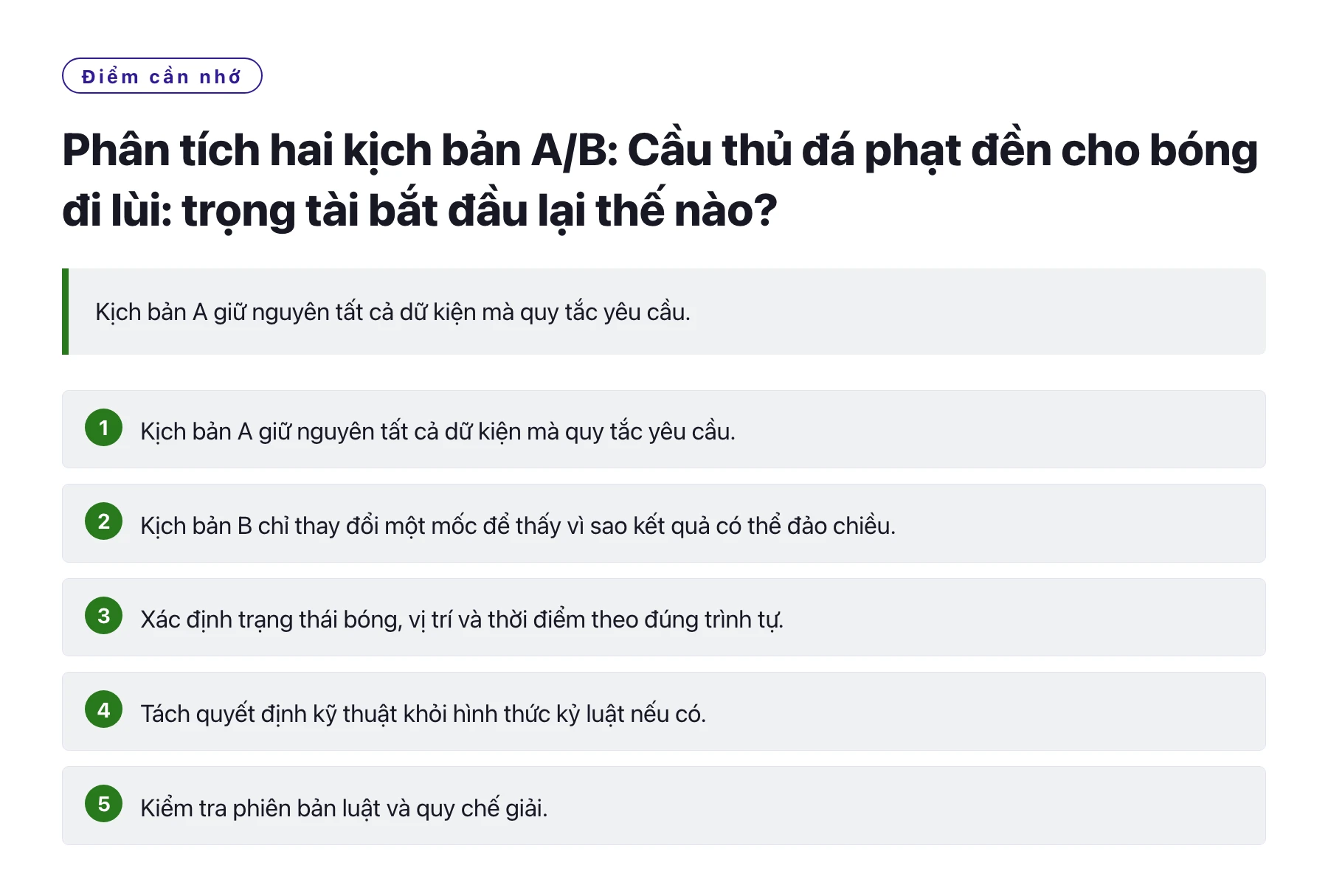 Phân tích hai kịch bản A/B: Cầu thủ đá phạt đền cho bóng đi lùi: trọng tài bắt đầu lại thế nào?——全文要点速览
