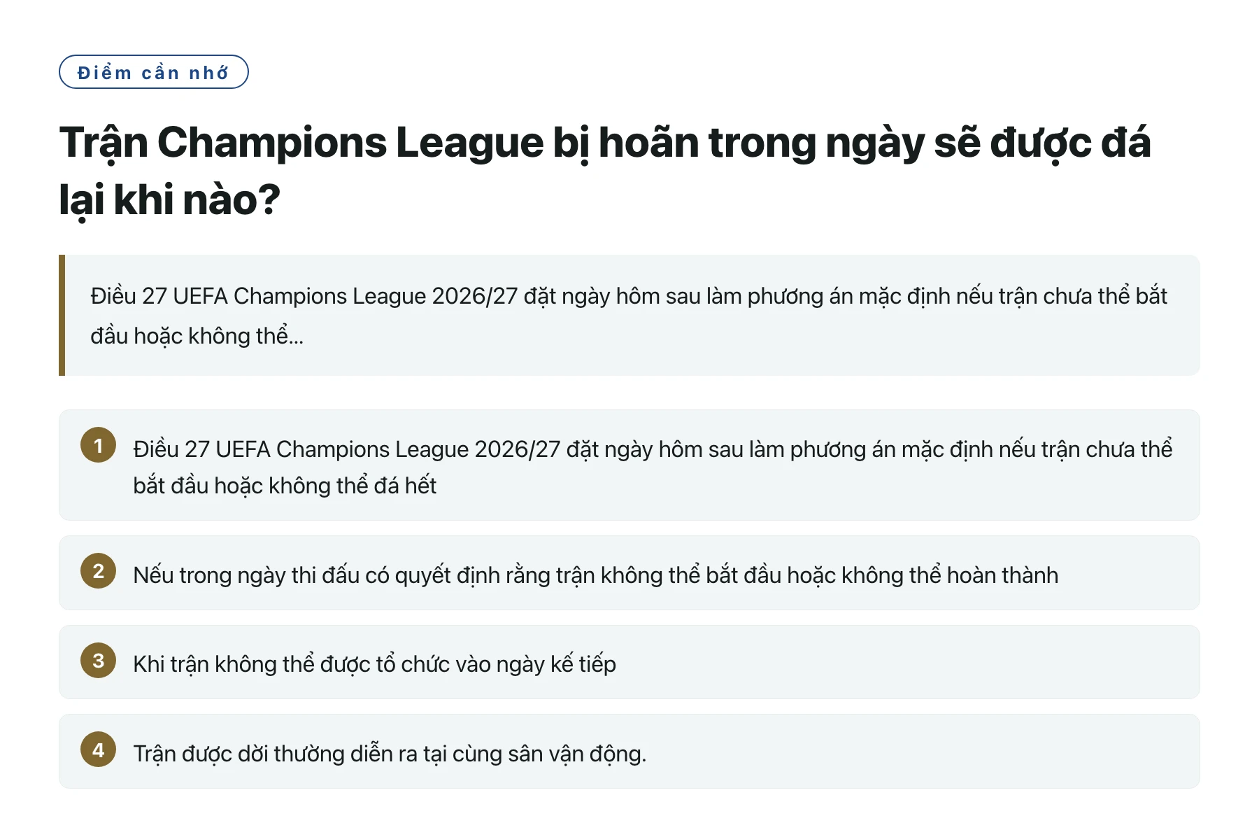 Trận Champions League bị hoãn trong ngày sẽ được đá lại khi nào?——全文要点速览