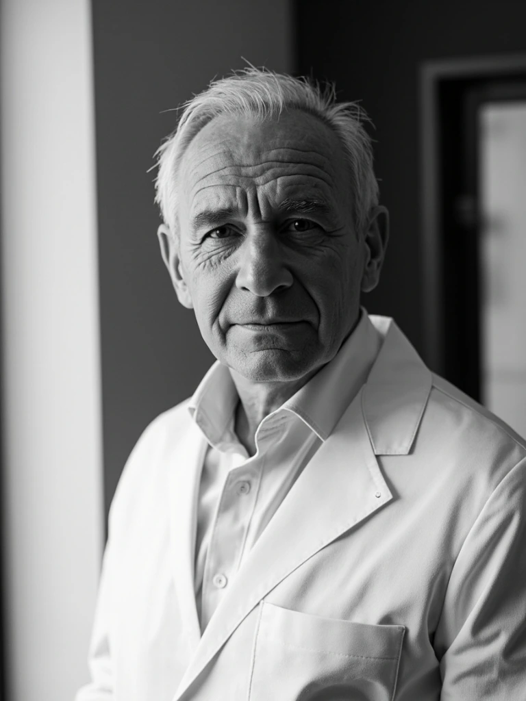 Retrato en blanco y negro del Dr. Miguel Aramburu, cofundador y especialista en medicina estética.